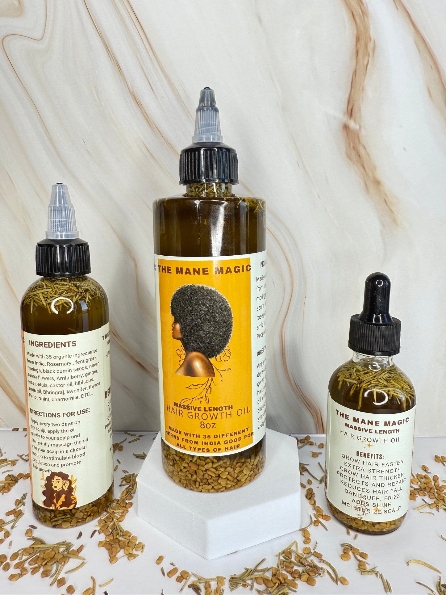 The Mane Magic Hair Growth Oil 2oz, 4oz, 8oz bundles Haircare with 35 organic ingredients to stimulate and promote healthy and hair growth.